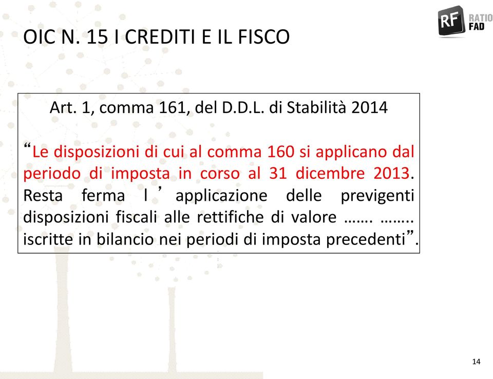 di Stabilità 2014 Le disposizioni di cui al comma 160 si applicano dal periodo di