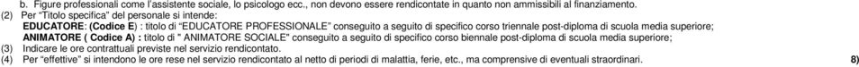 scuola media superiore; ANIMATORE ( Codice A) : titolo di " ANIMATORE SOCIALE" conseguito a seguito di specifico corso biennale post-diploma di scuola media superiore; (3)