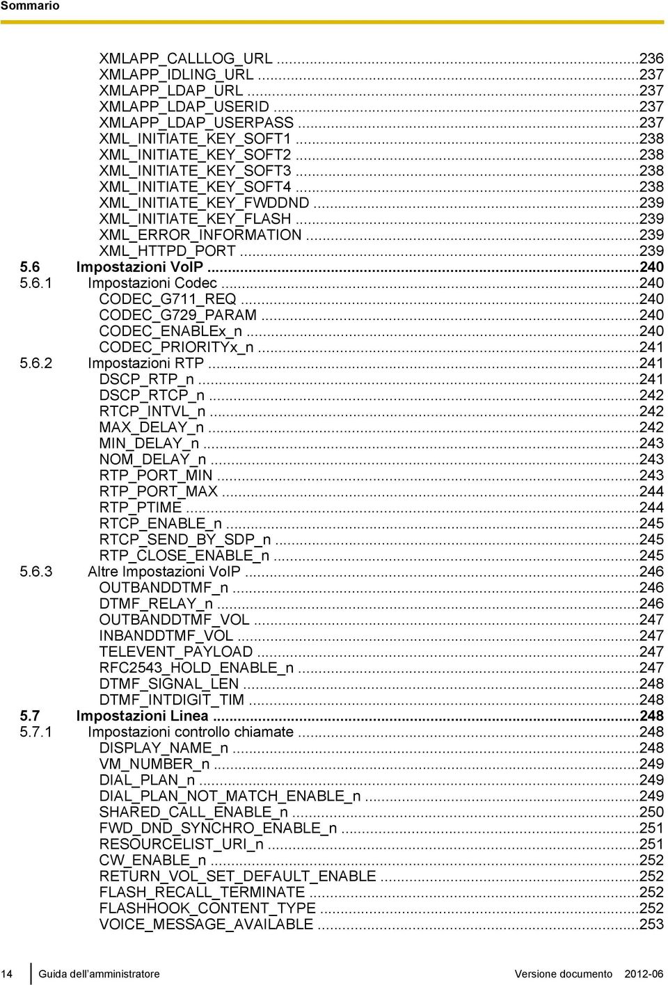 6.1 Impostazioni Codec...240 CODEC_G711_REQ...240 CODEC_G729_PARAM...240 CODEC_ENABLEx_n...240 CODEC_PRIORITYx_n...241 5.6.2 Impostazioni RTP...241 DSCP_RTP_n...241 DSCP_RTCP_n...242 RTCP_INTVL_n.