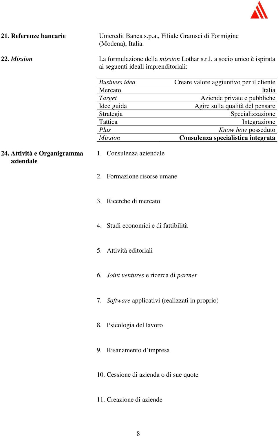 Strategia Tattica Plus Mission Creare valore aggiuntivo per il cliente Italia Aziende private e pubbliche Agire sulla qualità del pensare Specializzazione Integrazione Know how posseduto Consulenza