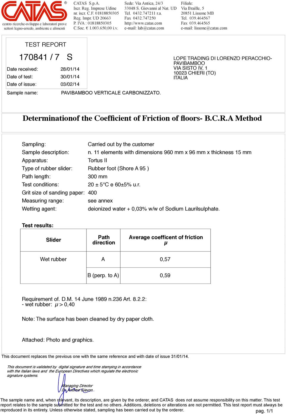 039.464567 Fax 039.464565 e-mail: lissone@catas.com TEST REPORT 170841 / 7 S Date received: 28/01/14 Date of test: 30/01/14 Date of issue: 03/02/14 Sample name: PAVIBAMBOO VERTICALE CARBONIZZATO.