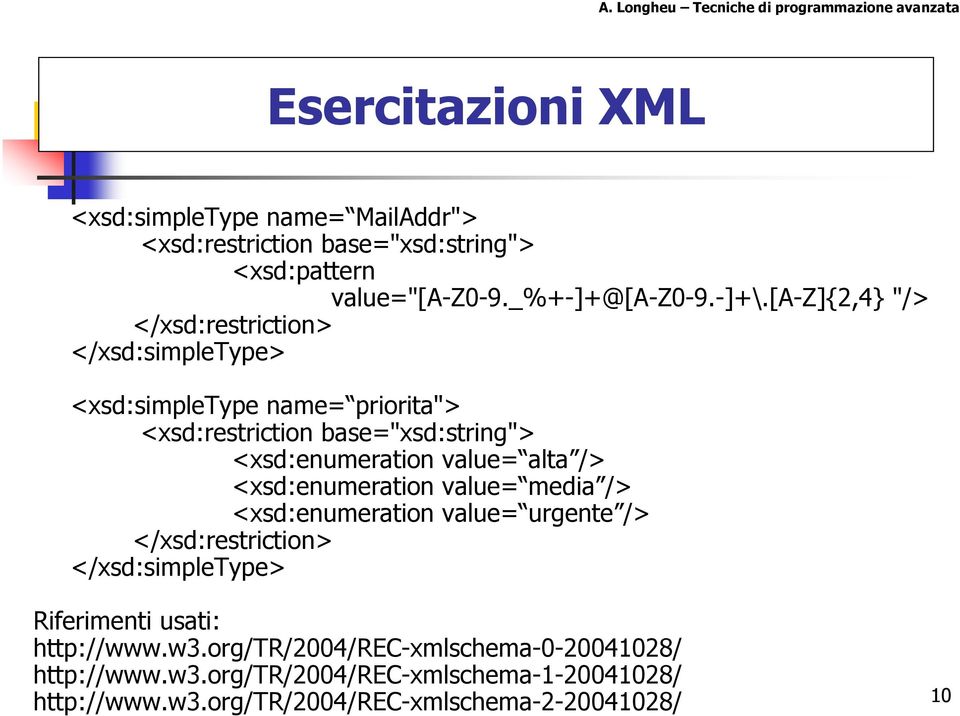 value= alta /> <xsd:enumeration value= media /> <xsd:enumeration value= urgente /> </xsd:restriction> </xsd:simpletype> Riferimenti