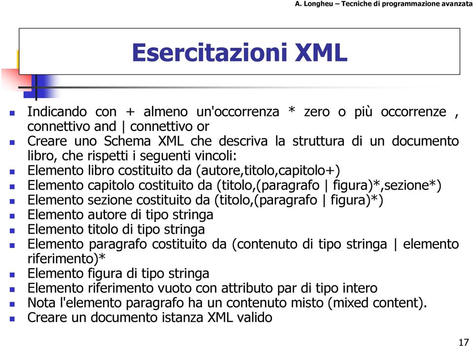 (titolo,(paragrafo figura)*) Elemento autore di tipo stringa Elemento titolo di tipo stringa Elemento paragrafo costituito da (contenuto di tipo stringa elemento riferimento)*