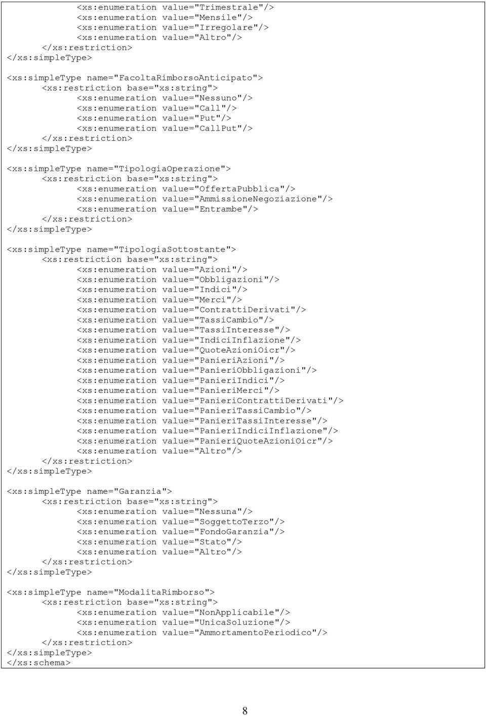 value="offertapubblica"/> <xs:enumeration value="ammissionenegoziazione"/> <xs:enumeration value="entrambe"/> <xs:simpletype name="tipologiasottostante"> <xs:enumeration value="azioni"/>