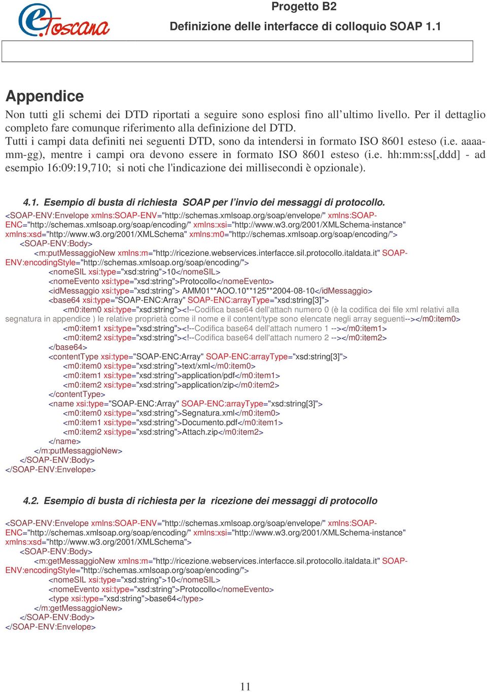 4.1. Esempio di busta di richiesta SOAP per l invio dei messaggi di protocollo. <SOAP-ENV:Envelope xmlns:soap-env="http://schemas.xmlsoap.org/soap/envelope/" xmlns:soap- ENC="http://schemas.xmlsoap.org/soap/encoding/" xmlns:xsi="http://www.