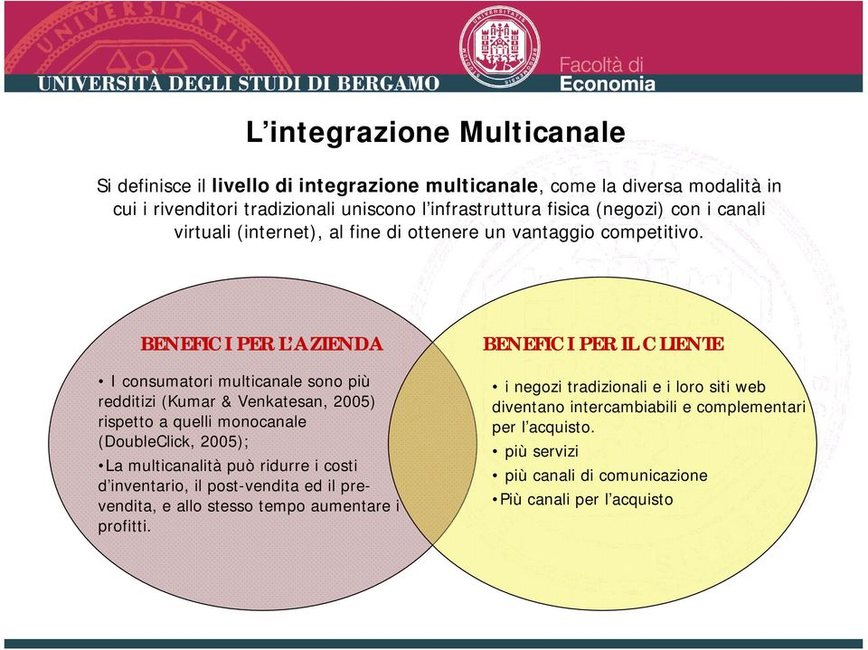 BENEFICI PER L AZIENDA I consumatori multicanale sono più redditizi (Kumar & Venkatesan, 2005) rispetto a quelli monocanale (DoubleClick, 2005); La multicanalità può ridurre i