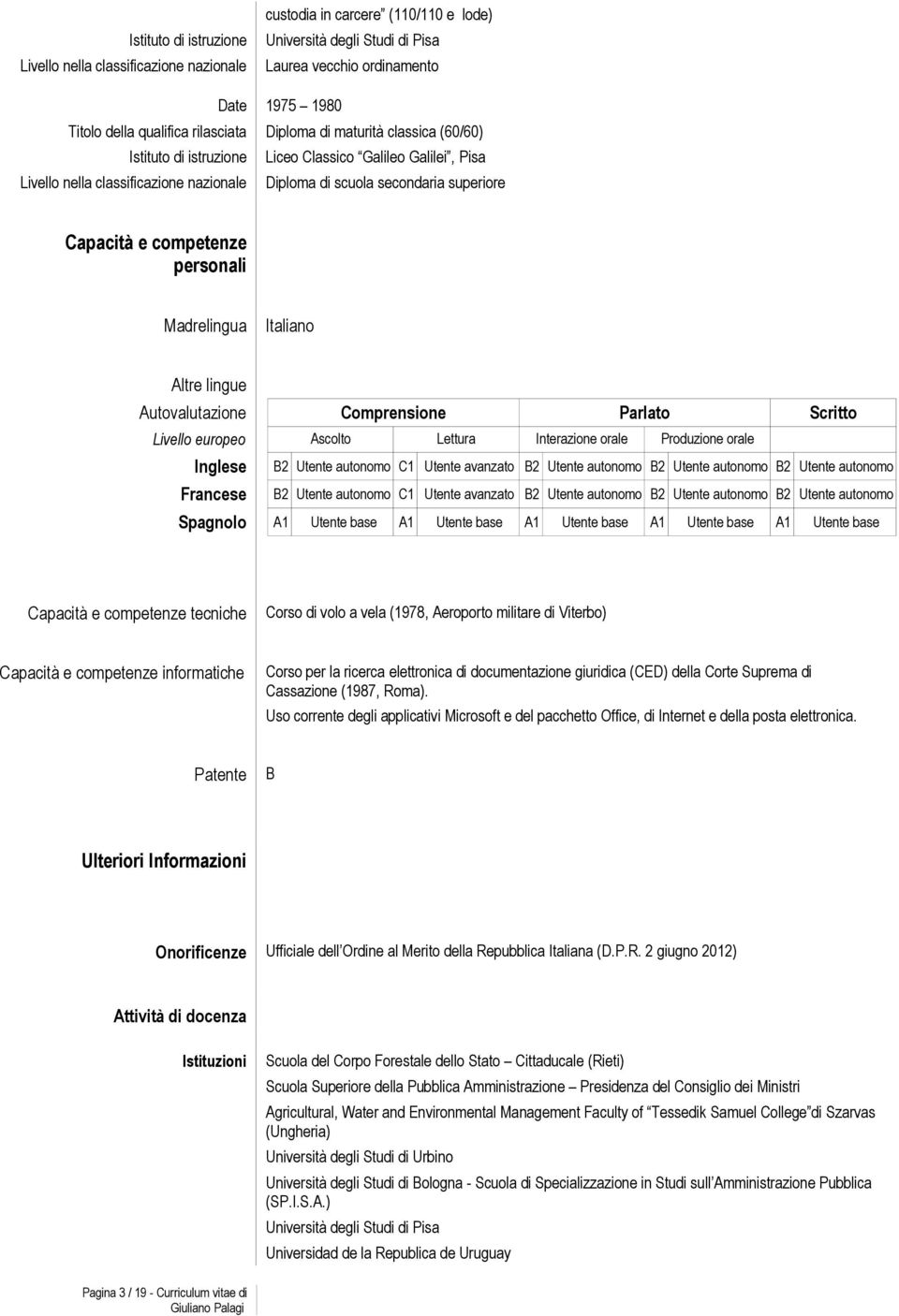 competenze personali Madrelingua Italiano Altre lingue Autovalutazione Comprensione Parlato Scritto Livello europeo Ascolto Lettura Interazione orale Produzione orale Inglese B2 Utente autonomo C1