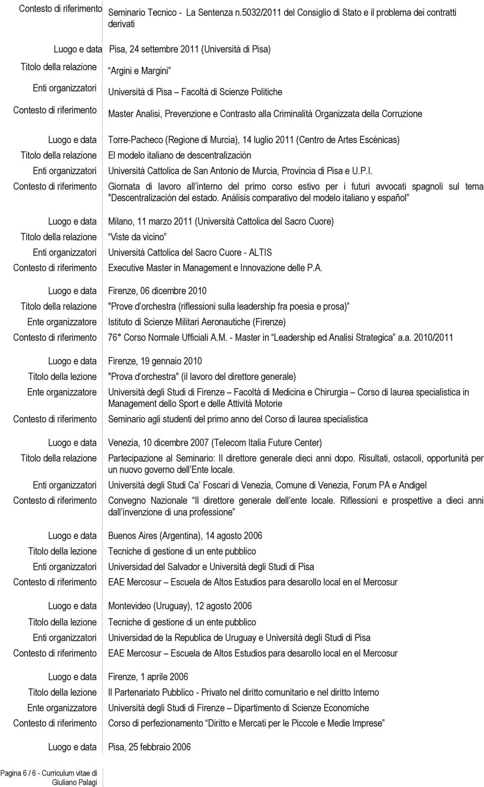 Prevenzione e Contrasto alla Criminalità Organizzata della Corruzione Torre-Pacheco (Regione di Murcia), 14 luglio 2011 (Centro de Artes Escénicas) El modelo italiano de descentralización Università