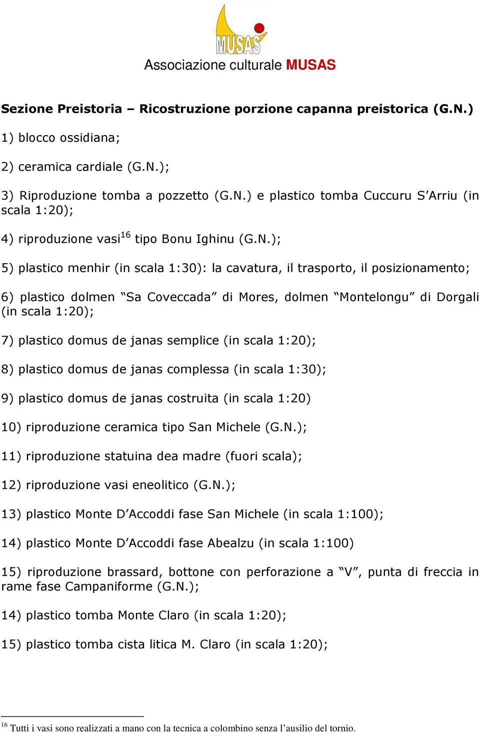 janas semplice (in scala 1:20); 8) plastico domus de janas complessa (in scala 1:30); 9) plastico domus de janas costruita (in scala 1:20) 10) riproduzione ceramica tipo San Michele (G.N.