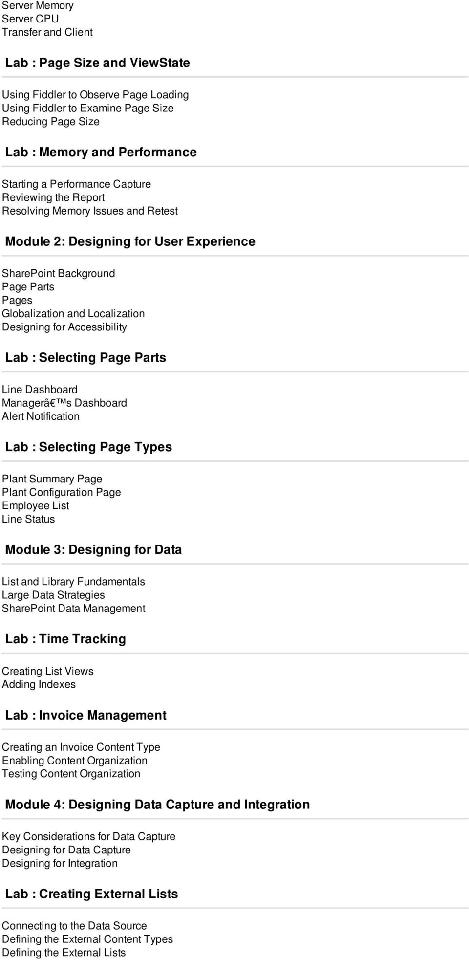 Designing for Accessibility Lab : Selecting Page Parts Line Dashboard Managerâ s Dashboard Alert Notification Lab : Selecting Page Types Plant Summary Page Plant Configuration Page Employee List Line