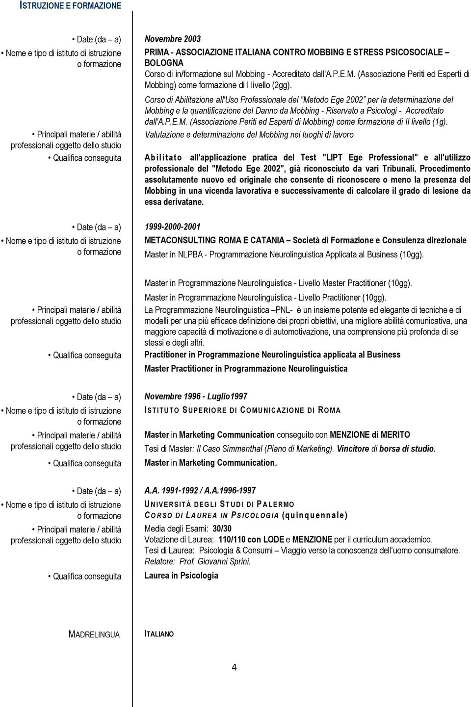 Valutazione e determinazione del Mobbing nei luoghi di lavoro Qualifica conseguita A b i l i t a t o all'applicazione pratica del Test "LIPT Ege Professional" e all'utilizzo professionale del "Metodo