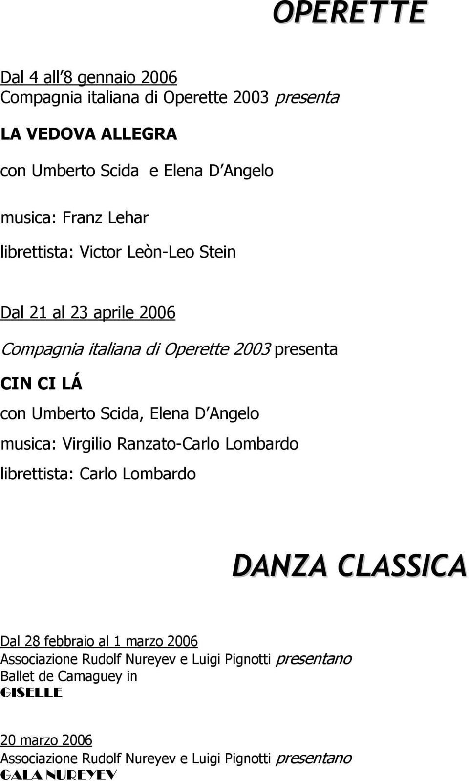 D Angelo musica: Virgilio Ranzato-Carlo Lombardo librettista: Carlo Lombardo DANZA CLASSICA Dal 28 febbraio al 1 marzo 2006 Associazione Rudolf