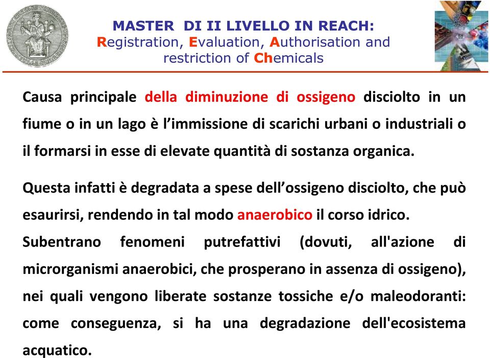 Questa infatti èdegradata a spese dell ossigeno disciolto, che può esaurirsi, rendendo in tal modo anaerobico il corso idrico.