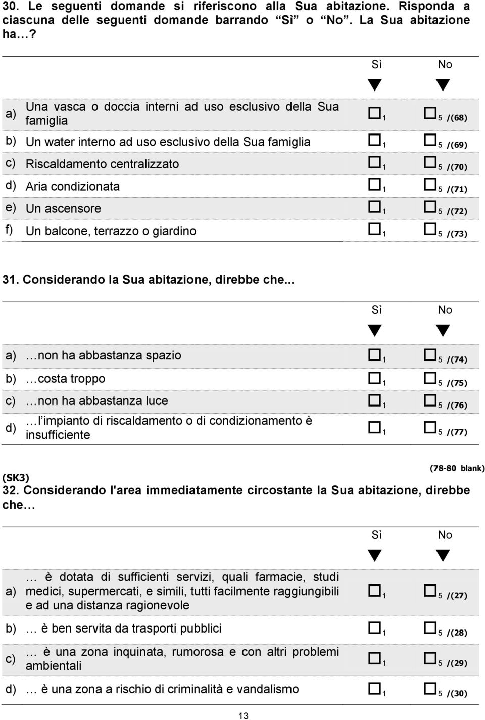 condizionata 1 5 /(71) e) Un ascensore 1 5 /(72) f) Un balcone, terrazzo o giardino 1 5 /(73) 31. Considerando la Sua abitazione, direbbe che.