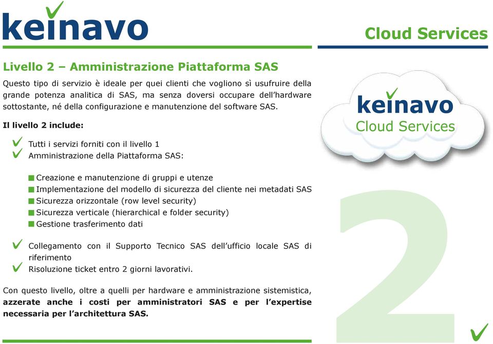 Il livello 2 include: Tutti i servizi forniti con il livello 1 Amministrazione della Piattaforma SAS: Creazione e manutenzione di gruppi e utenze Implementazione del modello di sicurezza del cliente