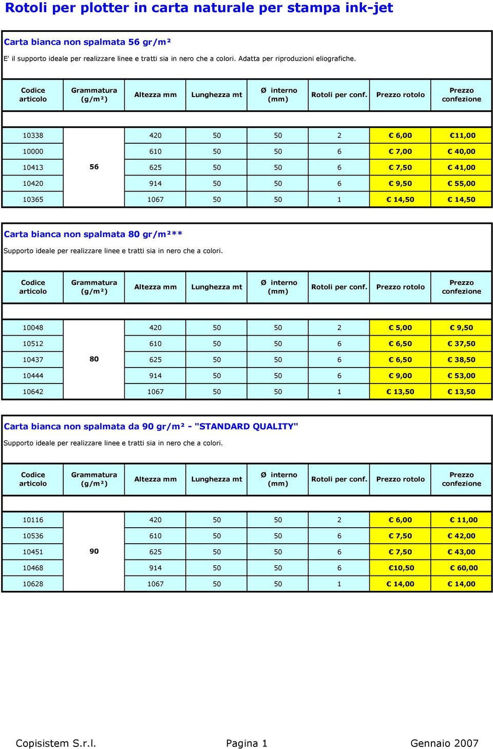 10338 420 50 50 2 6,00 11,00 10000 610 50 50 6 7,00 40,00 10413 56 625 50 50 6 7,50 41,00 10420 914 50 50 6 9,50 55,00 10365 1067 50 50 1 14,50 14,50 Carta bianca non spalmata 80 gr/m²** 10048 420