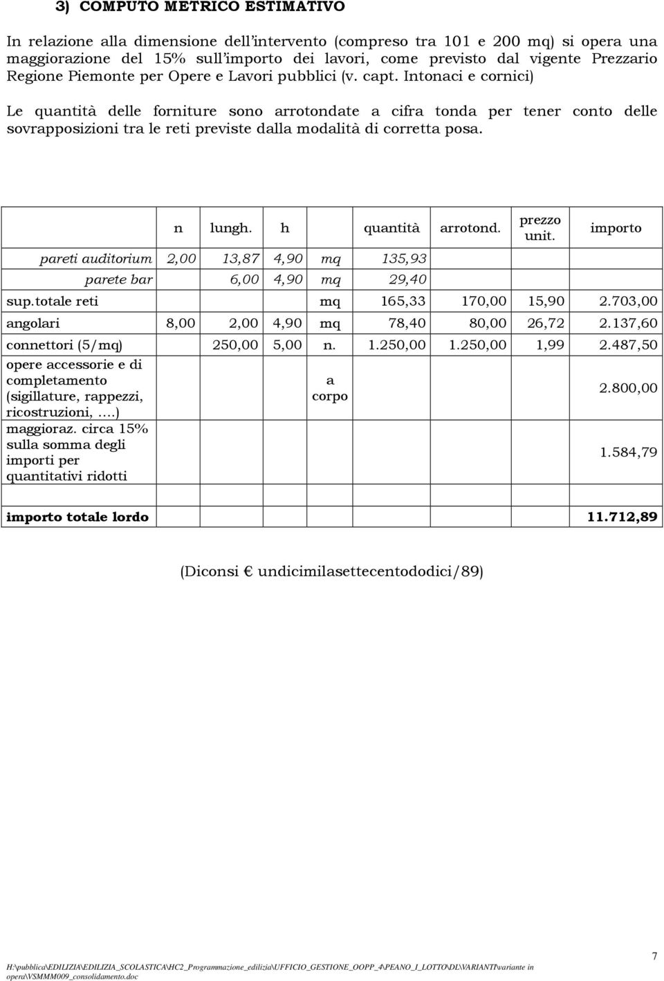 Intonaci e cornici) Le quantità delle forniture sono arrotondate a cifra tonda per tener conto delle sovrapposizioni tra le reti previste dalla modalità di corretta posa. n lungh. h quantità arrotond.