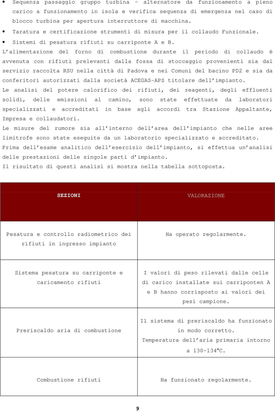 L alimentazione del forno di combustione durante il periodo di collaudo è avvenuta con rifiuti prelevanti dalla fossa di stoccaggio provenienti sia dal servizio raccolta RSU nella città di Padova e