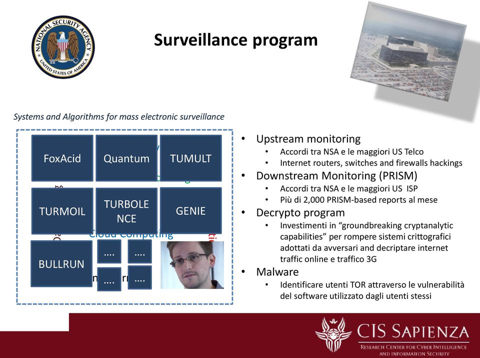 Semantic engine Upstream monitoring Accordi tra NSA e le maggiori US Telco Internet routers, switches and firewalls hackings Downstream Monitoring (PRISM) Accordi tra NSA e le
