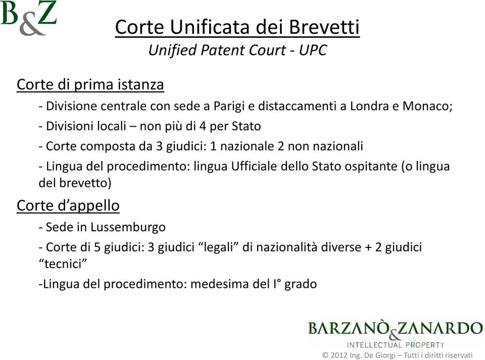 nazionali -Lingua del procedimento: lingua Ufficiale dello Stato ospitante (o lingua del brevetto) Corte d appello - Sede in