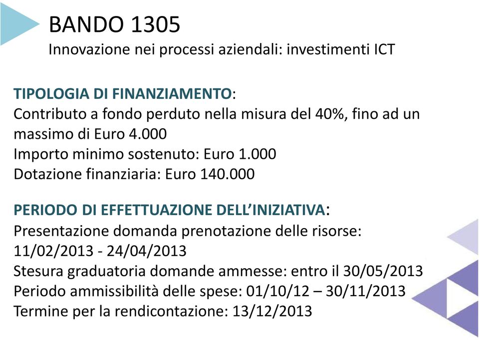 000 PERIODO DI EFFETTUAZIONE DELL INIZIATIVA: Presentazione domanda prenotazione delle risorse: 11/02/2013-24/04/2013 Stesura