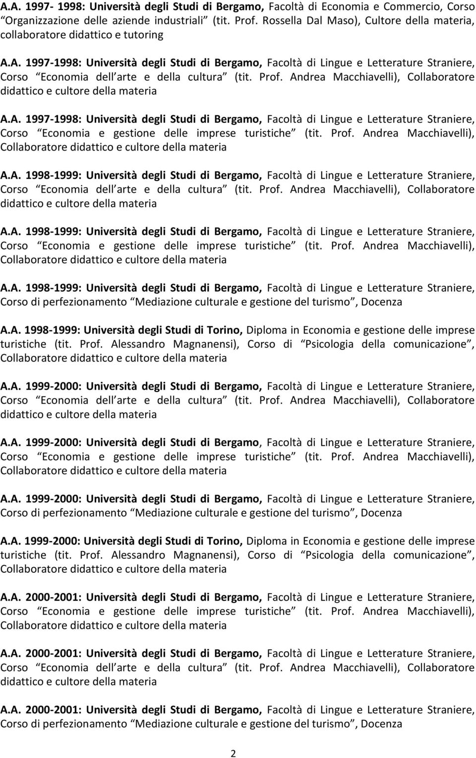 A. 1997-1998: Università degli Studi di Bergamo, Facoltà di Lingue e Letterature Straniere, Corso Economia dell arte e della cultura (tit. Prof.