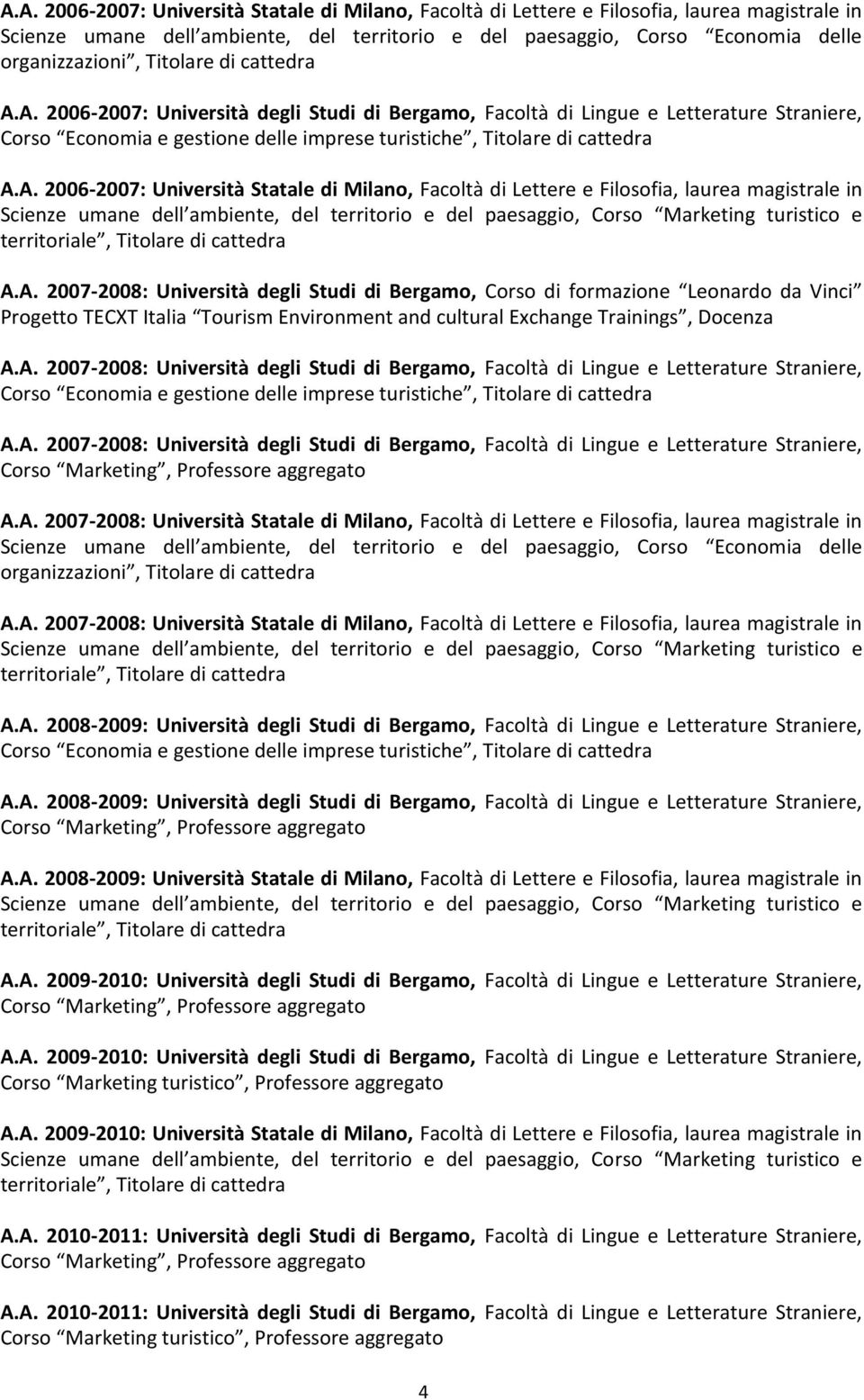 A. 2006-2007: Università degli Studi di Bergamo, Facoltà di Lingue e Letterature Straniere, Corso Economia e gestione delle imprese turistiche, A.