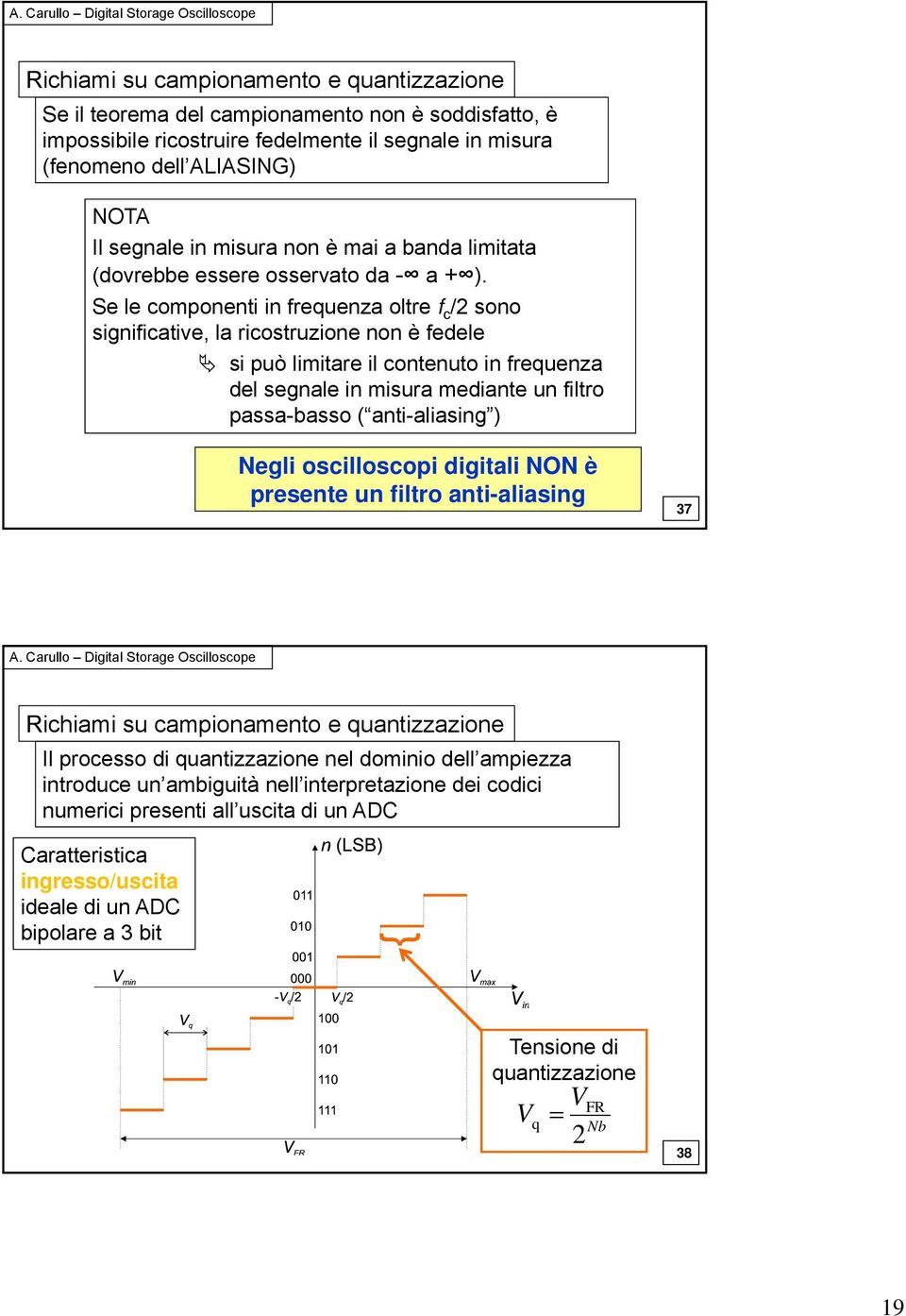 Se le componenti in frequenza oltre f c /2 sono significative, la ricostruzione non è fedele si può limitare il contenuto in frequenza del segnale in misura mediante un filtro passa-basso (