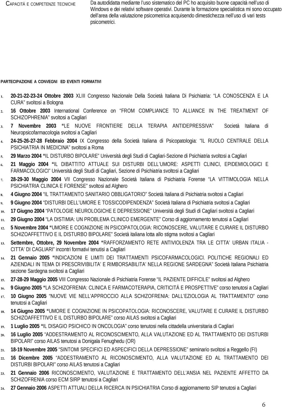 PARTECIPAZIONE A CONVEGNI ED EVENTI FORMATIVI 1. 20-21-22-23-24 Ottobre 2003 XLIII Congresso Nazionale Della Società Italiana Di Psichiatria: LA CONOSCENZA E LA CURA svoltosi a Bologna 2.