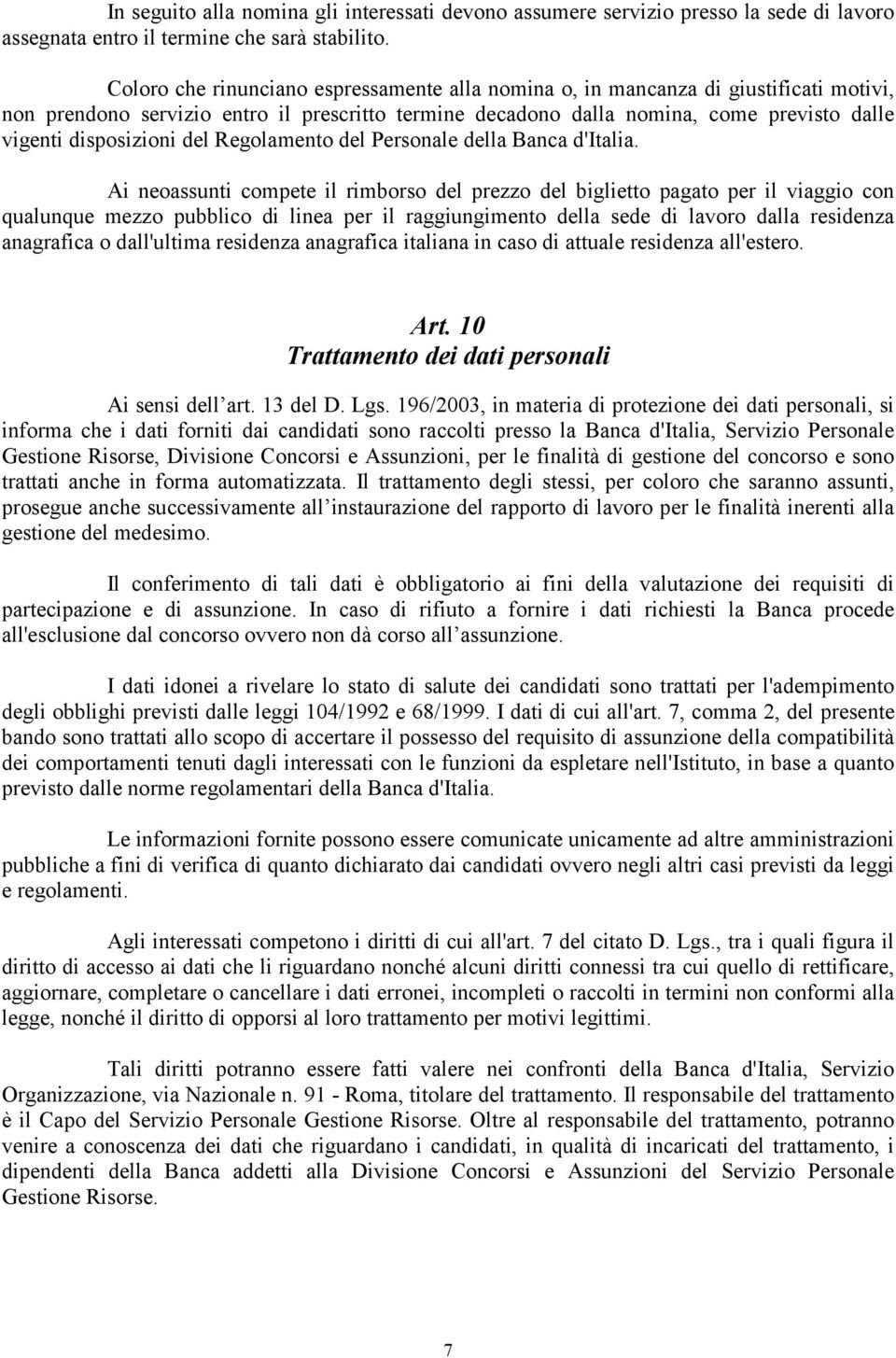 disposizioni del Regolamento del Personale della Banca d'italia.