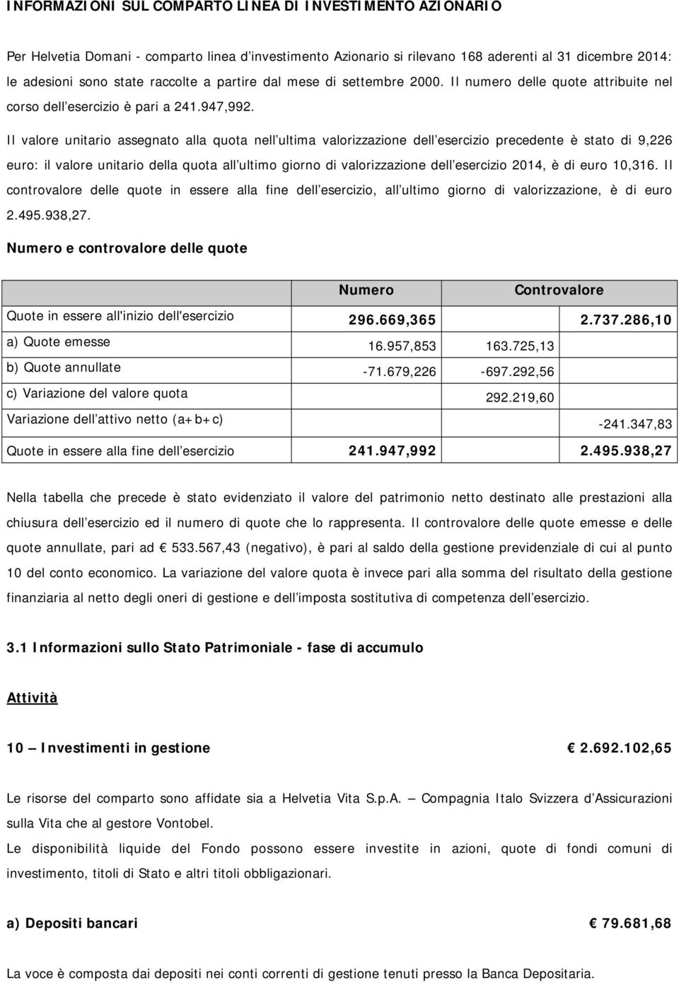 Il valore unitario assegnato alla quota nell ultima valorizzazione dell esercizio precedente è stato di 9,226 euro: il valore unitario della quota all ultimo giorno di valorizzazione dell esercizio