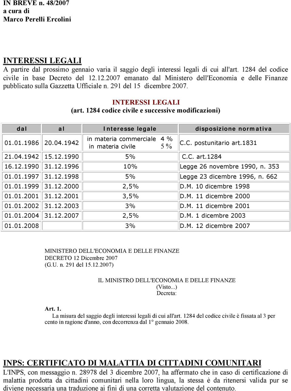 1284 codice civile e successive modificazioni) dal al Interesse legale disposizione normativa 01.01.1986 20.04.1942 in materia commerciale 4 % in materia civile 5 % C.C. postunitario art.1831 21.04.1942 15.