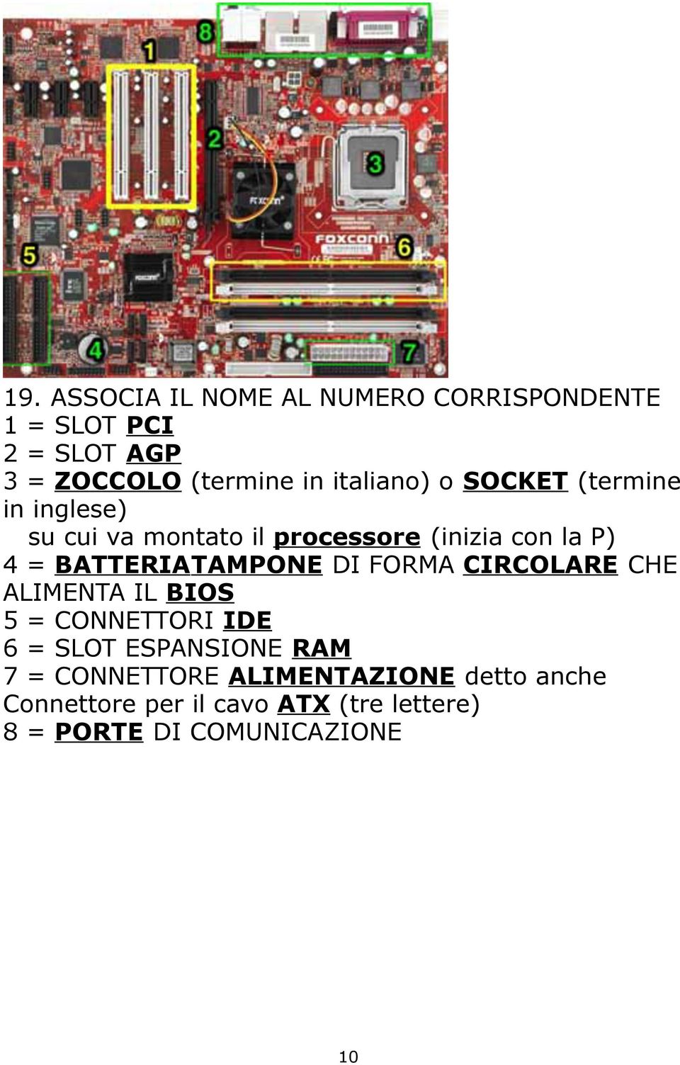 = CONNETTORE ALIMENTAZIONE detto anche Connettore per il cavo ATX (tre lettere) 8 = PORTE DI COMUNICAZIONE 20.