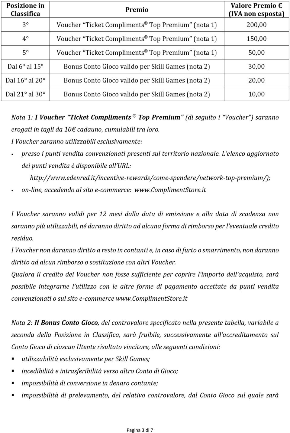 Conto Gioco valido per Skill Games (nota 2) 10,00 Nota 1: I Voucher Ticket Compliments Top Premium (di seguito i Voucher ) saranno erogati in tagli da 10 cadauno, cumulabili tra loro.