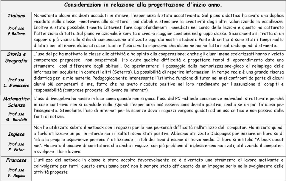 Sul piano didattico ha avuto una duplice ricaduta sulla classe: rimotivare alla scrittura i più deboli e stimolare la creatività degli altri valorizzando le eccellenze.