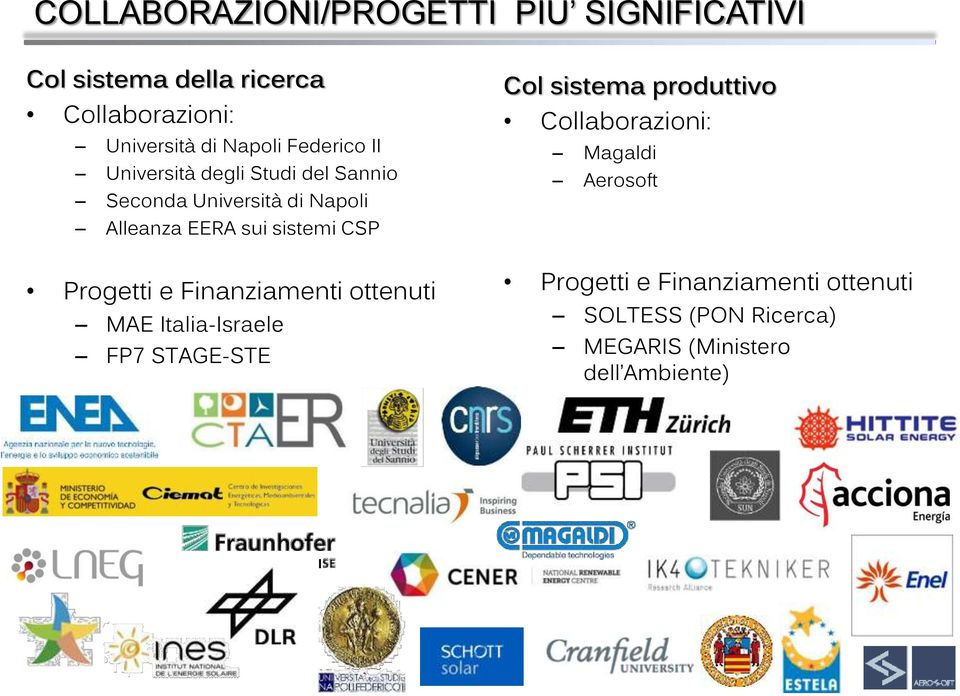 Progetti e Finanziamenti ottenuti MAE Italia-Israele FP7 STAGE-STE Col sistema produttivo Collaborazioni: