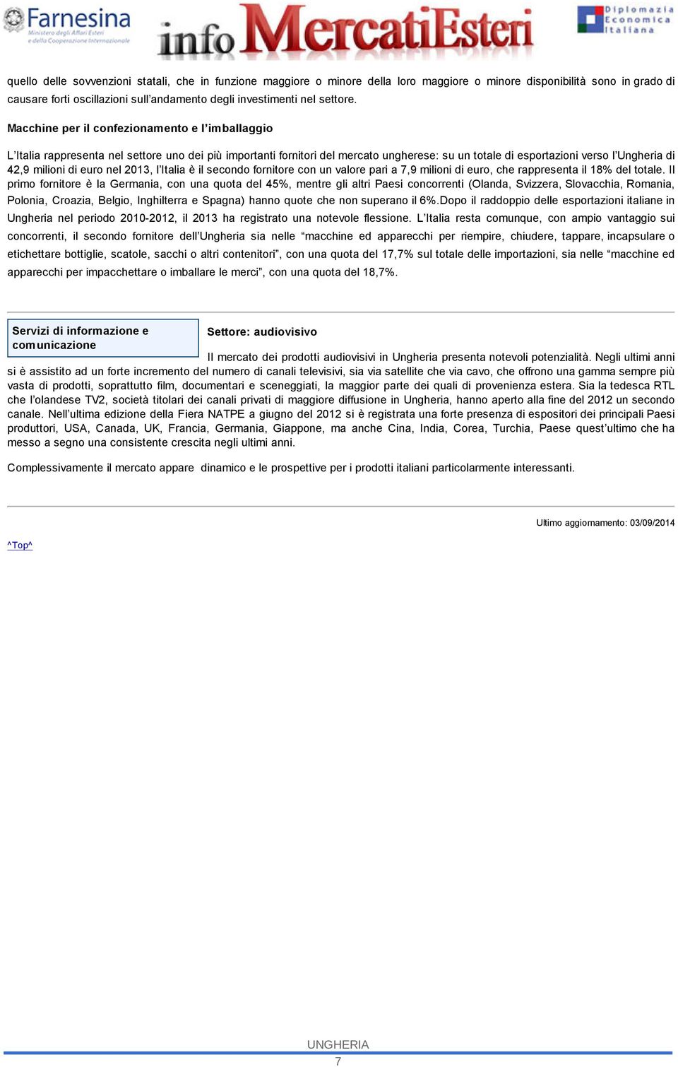 Macchine per il confezionamento e l imballaggio L Italia rappresenta nel settore uno dei più importanti fornitori del mercato ungherese: su un totale di esportazioni verso l Ungheria di 42,9 milioni