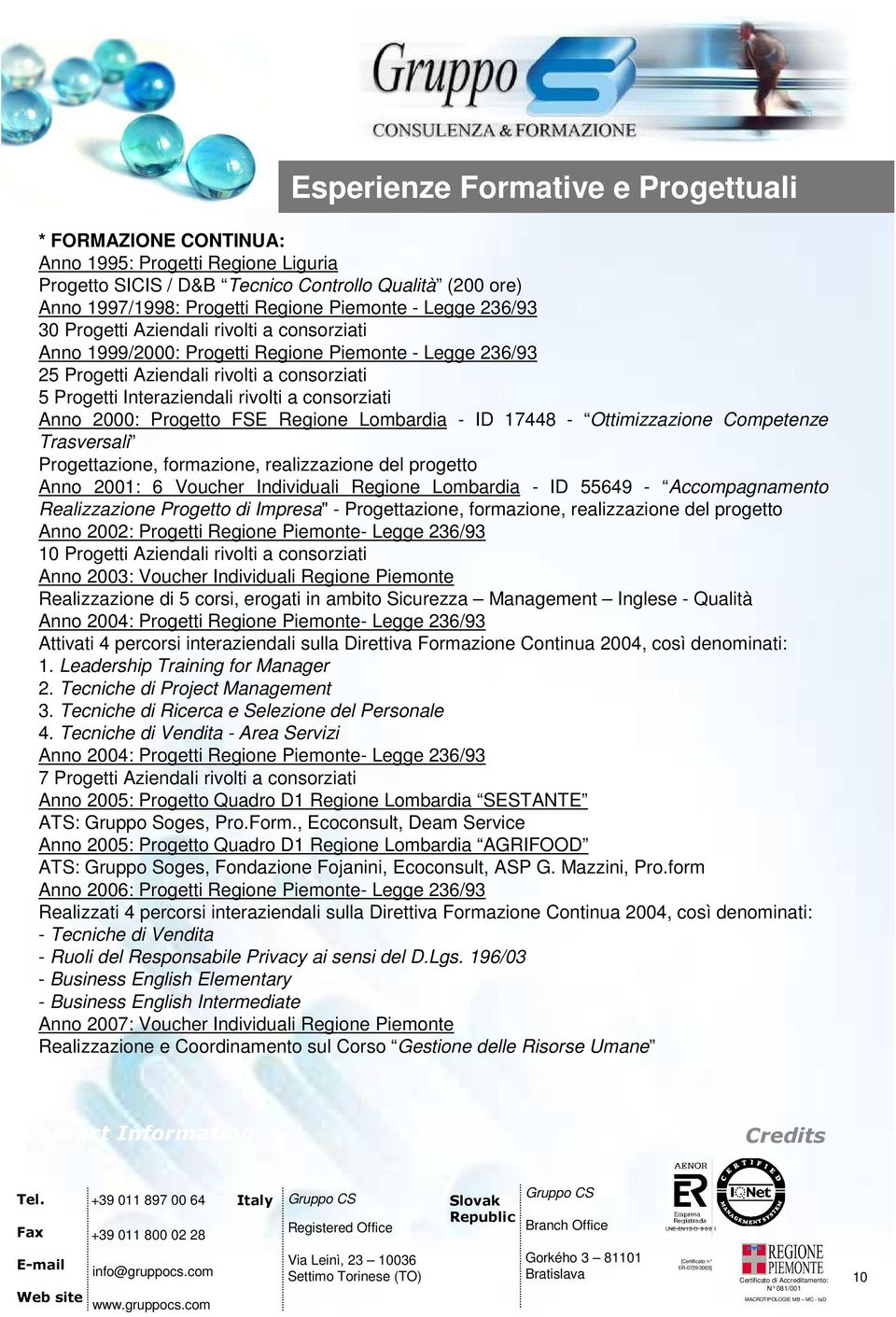 Regione Lombardia - ID 17448 - Ottimizzazione Competenze Trasversali Progettazione, formazione, realizzazione del progetto Anno 2001: 6 Voucher Individuali Regione Lombardia - ID 55649 -