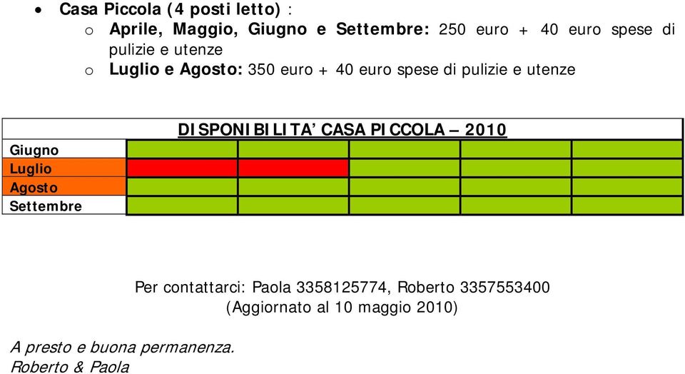 Giugno Luglio Agosto Settembre DISPONIBILITA CASA PICCOLA 2010 A presto e buona permanenza.