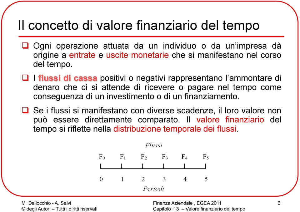 I flussi di cassa positivi o negativi appesentano l ammontae di denao che ci si attende di icevee o pagae nel tempo come