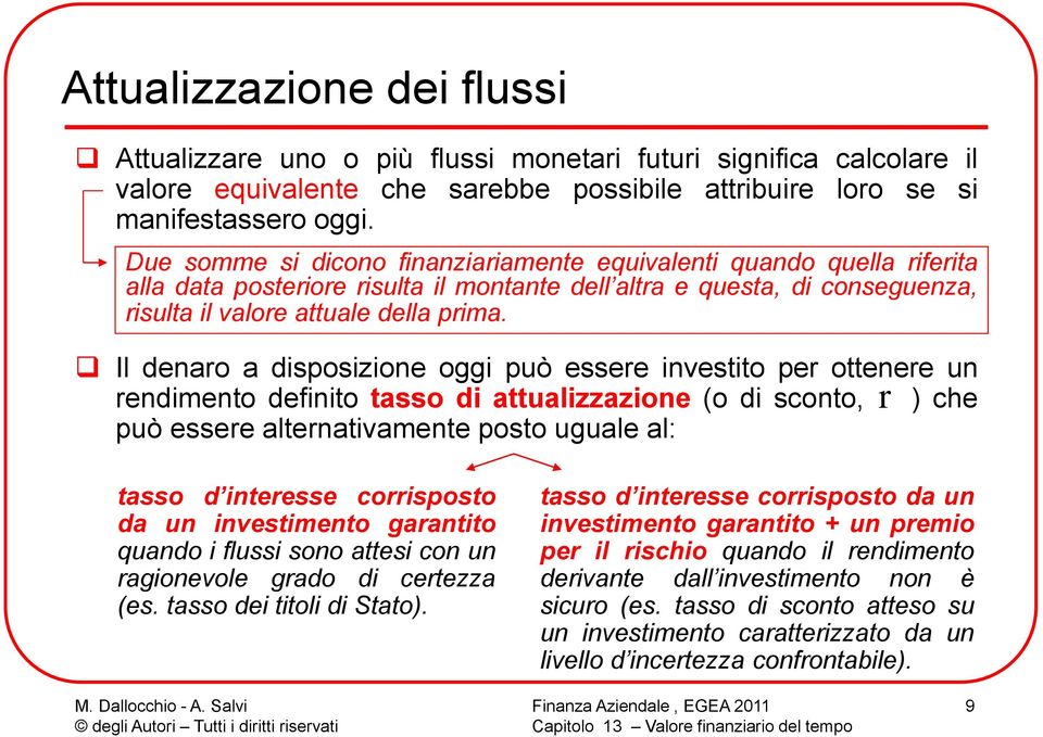 Il denao a disposizione oggi può essee investito pe ottenee un endimento definito tasso di attualizzazione (o di sconto, ) che può essee altenativamente posto uguale al: tasso d inteesse coisposto da