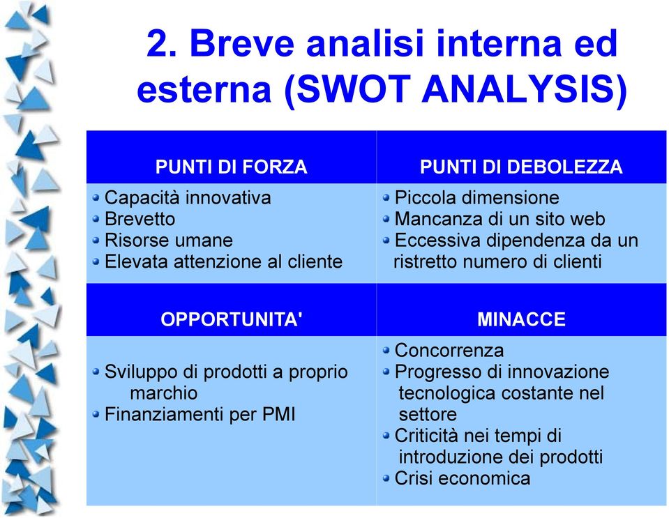 ristretto numero di clienti OPPORTUNITA' Sviluppo di prodotti a proprio marchio Finanziamenti per PMI MINACCE