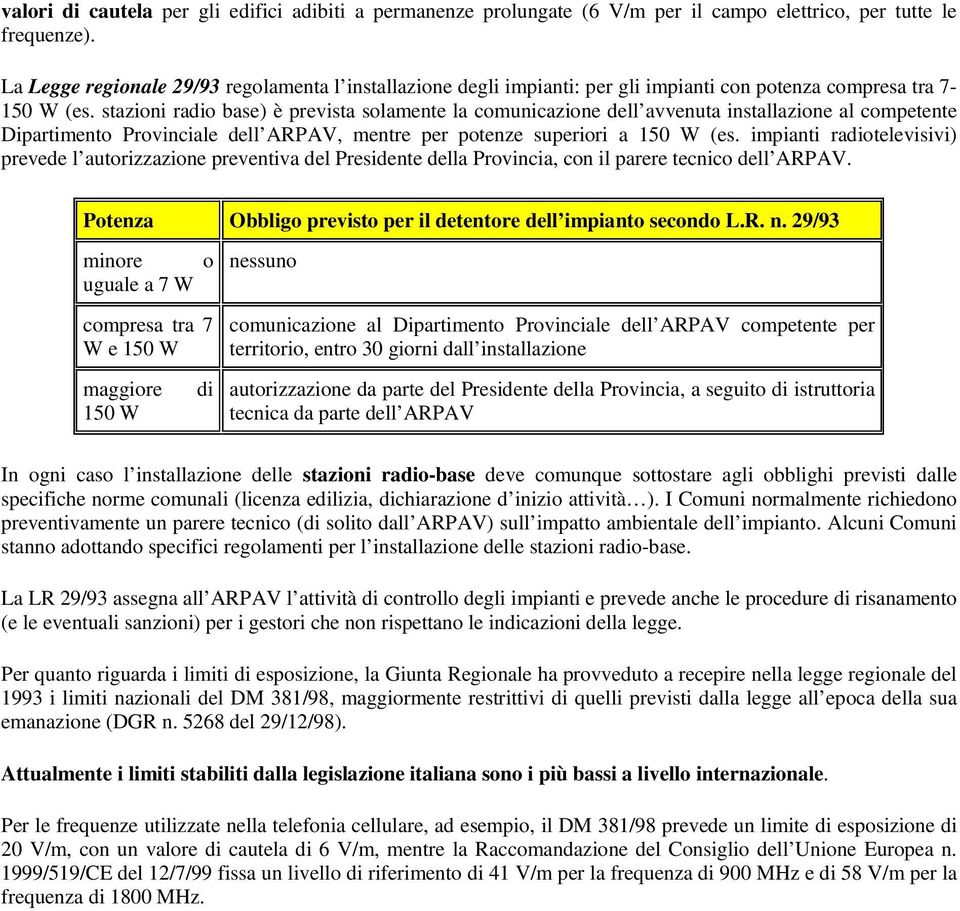 stazioni radio base) è prevista solamente la comunicazione dell avvenuta installazione al competente Dipartimento Provinciale dell ARPAV, mentre per potenze superiori a 150 W (es.