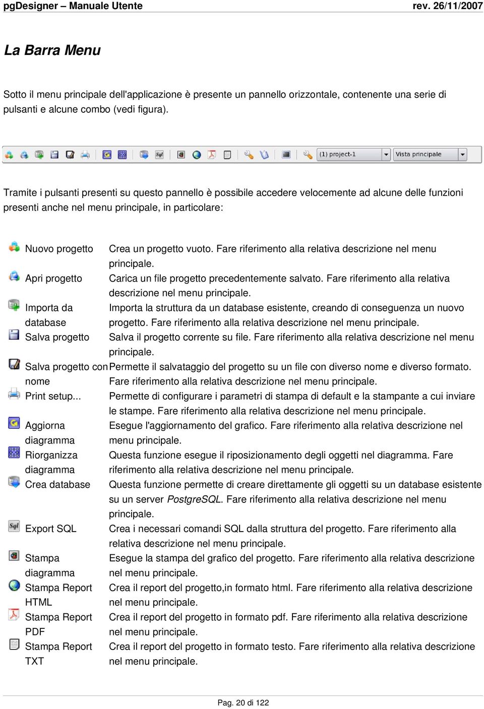 Fare riferimento alla relativa descrizione nel menu principale. Apri progetto Carica un file progetto precedentemente salvato. Fare riferimento alla relativa descrizione nel menu principale.