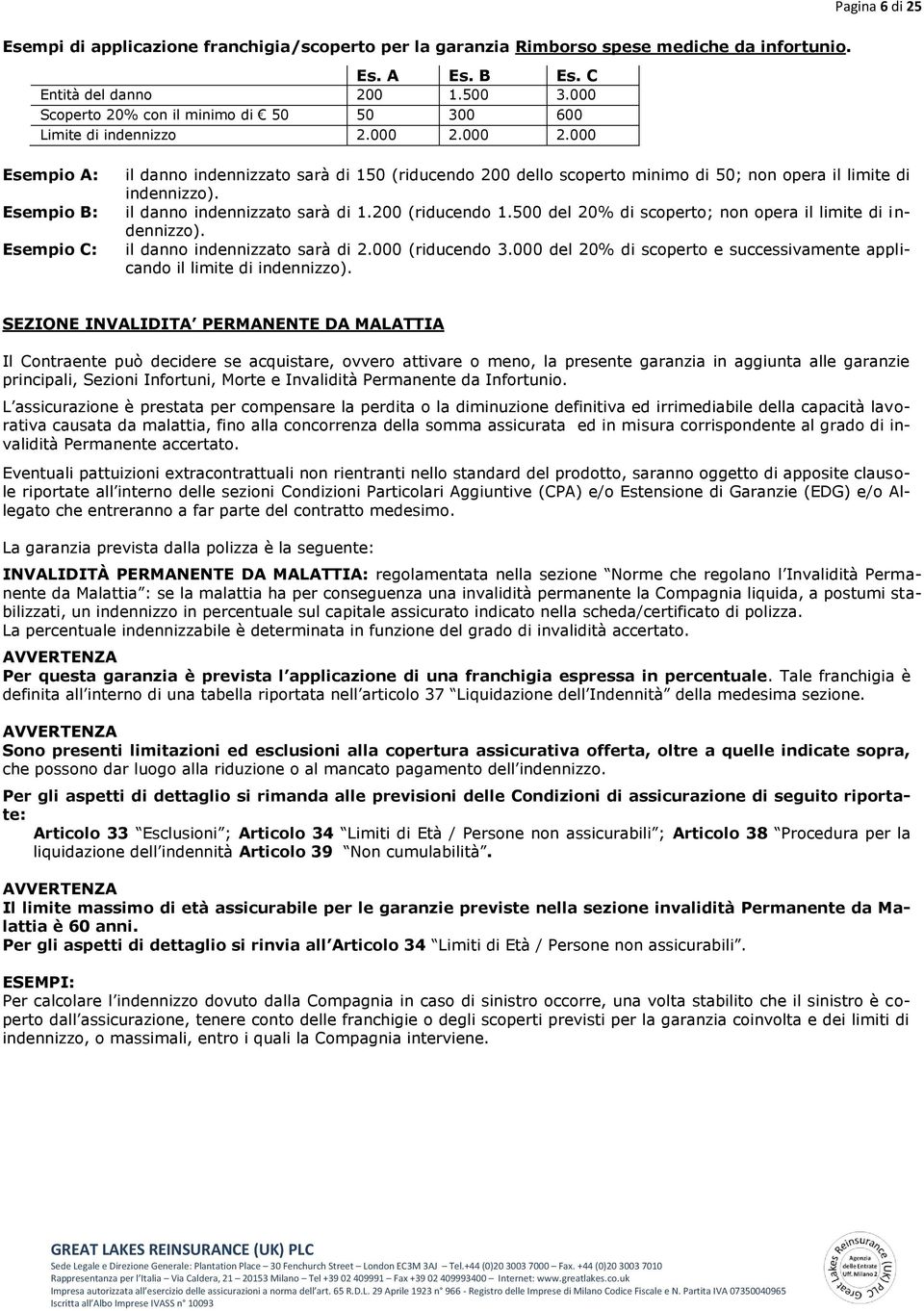 000 2.000 Pagina 6 di 25 Esempio A: Esempio B: Esempio C: il danno indennizzato sarà di 150 (riducendo 200 dello scoperto minimo di 50; non opera il limite di indennizzo).