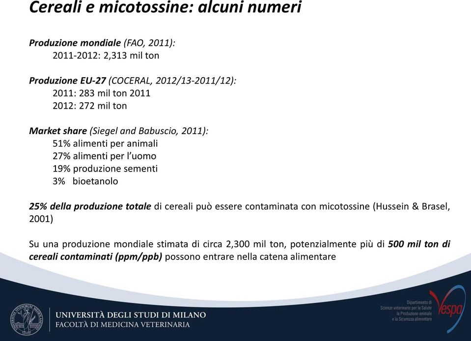 produzione sementi 3% bioetanolo 25% della produzione totale di cereali può essere contaminata con micotossine (Hussein & Brasel, 2001) Su una
