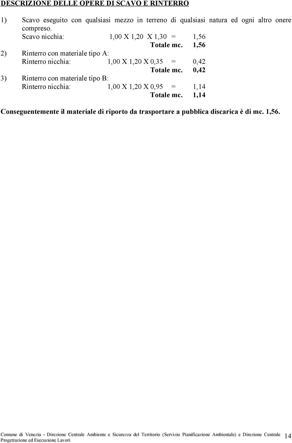 1,56 2) Rinterro con materiale tipo A: Rinterro nicchia: 1,00 X 1,20 X 0,35 = 0,42 Totale mc.