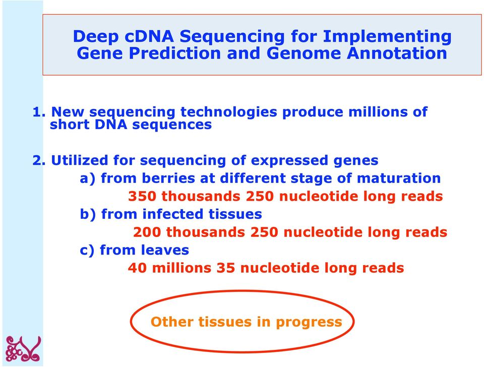 Utilized for sequencing of expressed genes a) from berries at different stage of maturation 350 thousands