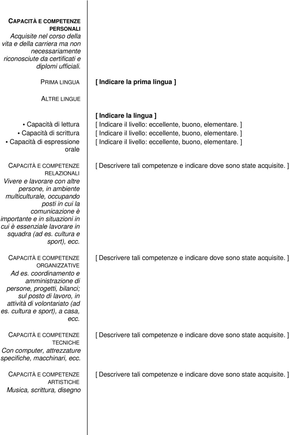 ] Capacità di scrittura [ Indicare il livello: eccellente, buono, elementare. ] Capacità di espressione [ Indicare il livello: eccellente, buono, elementare.