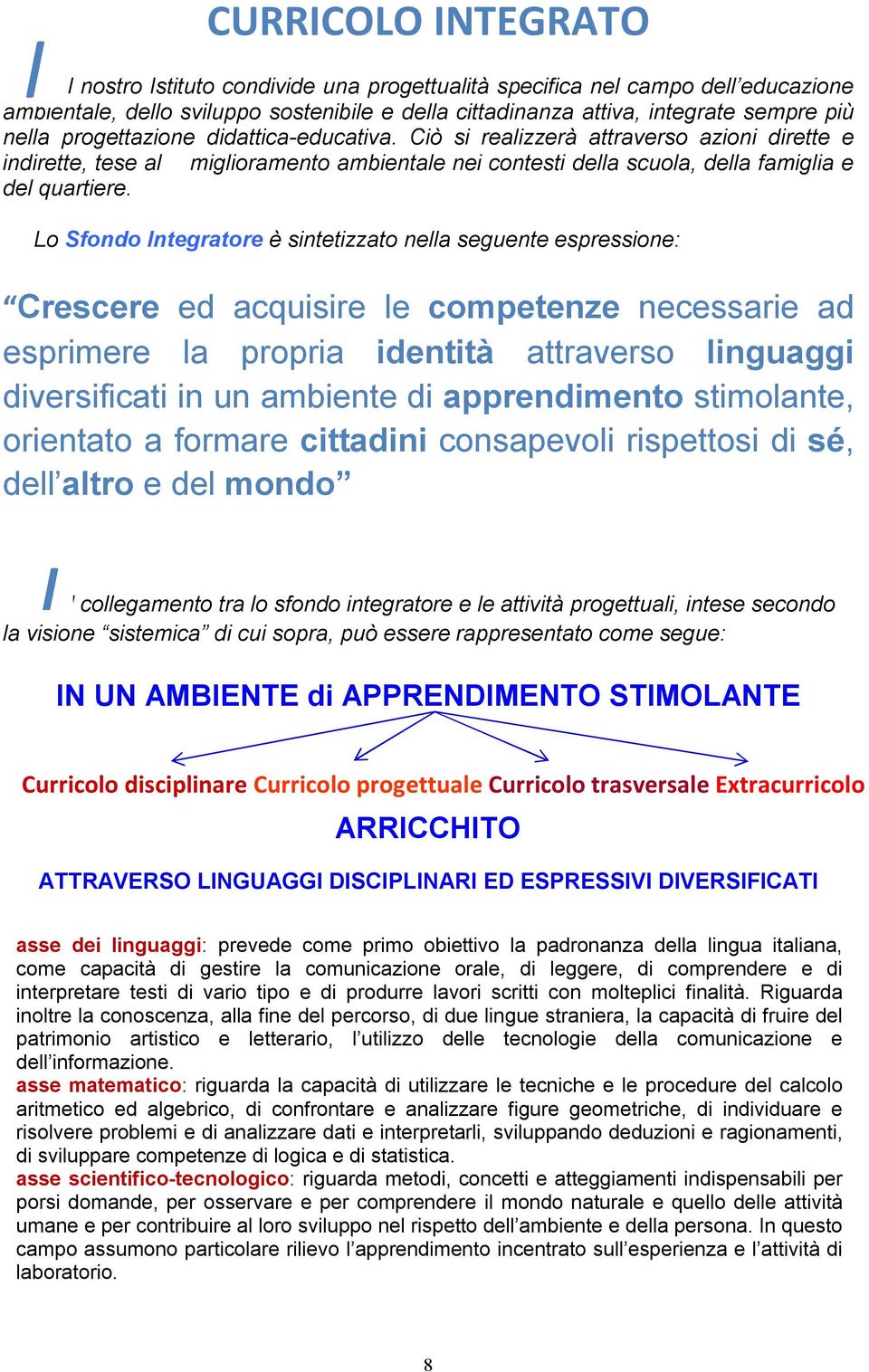 Lo Sfondo Integratore è sintetizzato nella seguente espressione: Crescere ed acquisire le competenze necessarie ad esprimere la propria identità attraverso linguaggi diversificati in un ambiente di